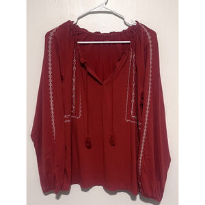 Garnet Hill Embroidered Peasant Top Women’s Large L Red Rust Orange Boho Shirt
